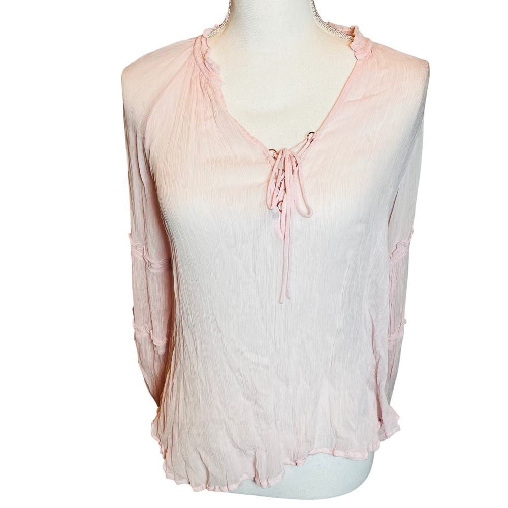 Free People Pink Crinkle‎ Gauze Lace Up Peasant Blouse Ruffle Sleeve Boho Top